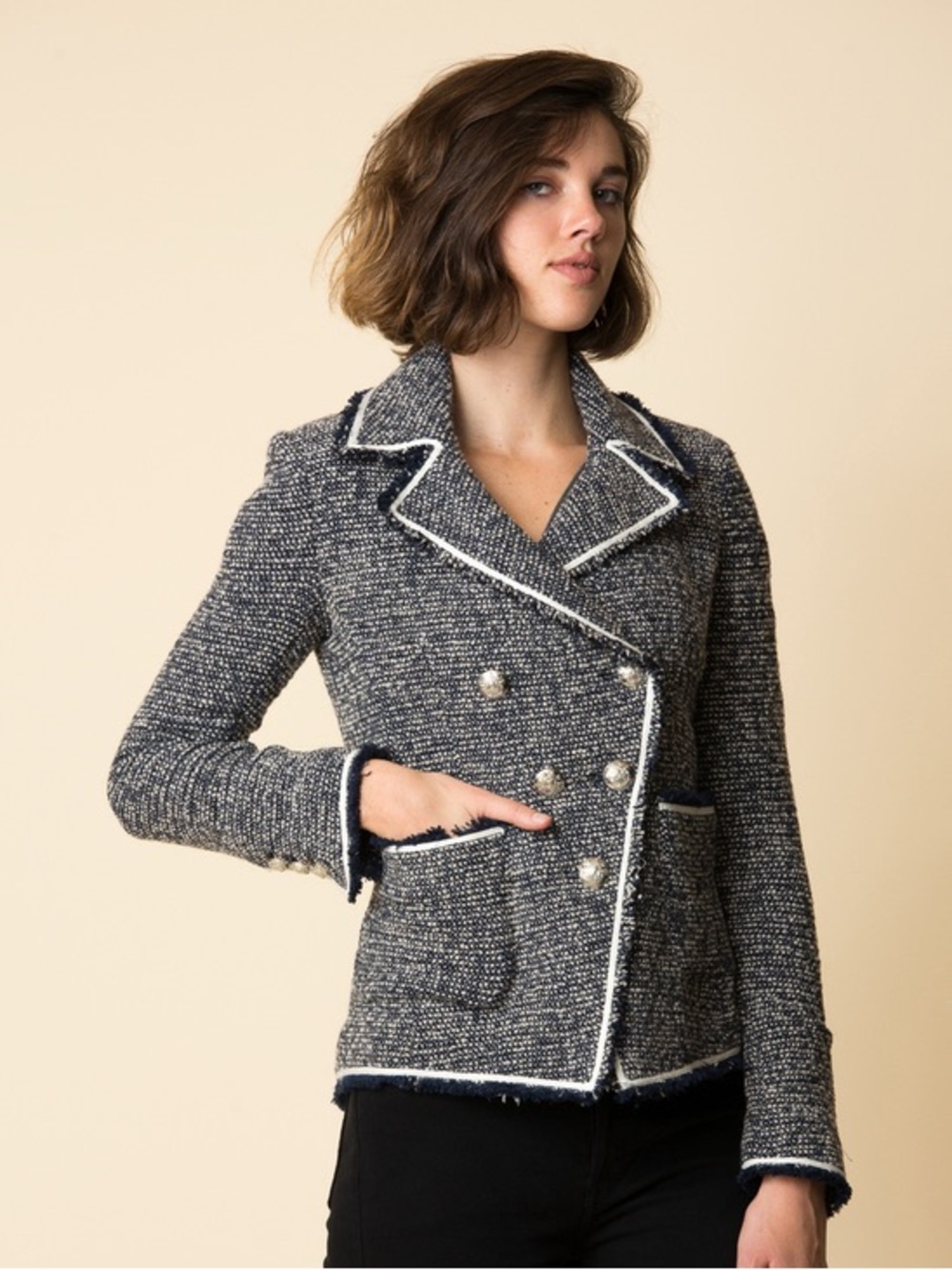 Veronica Beard Theron Tweed Double-Breasted Blazer Jacket Navy White Size 6